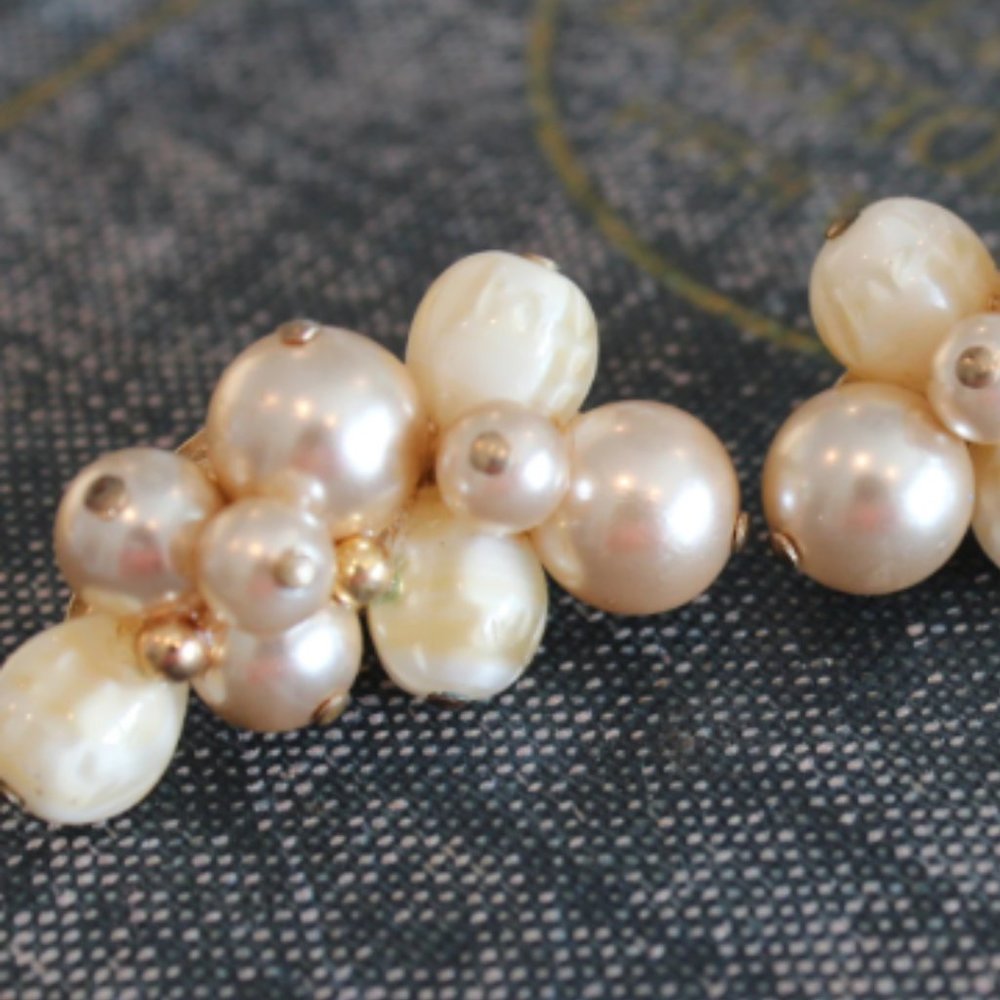 Crown Trifari Champagne Faux Pearl Cluster Earrings